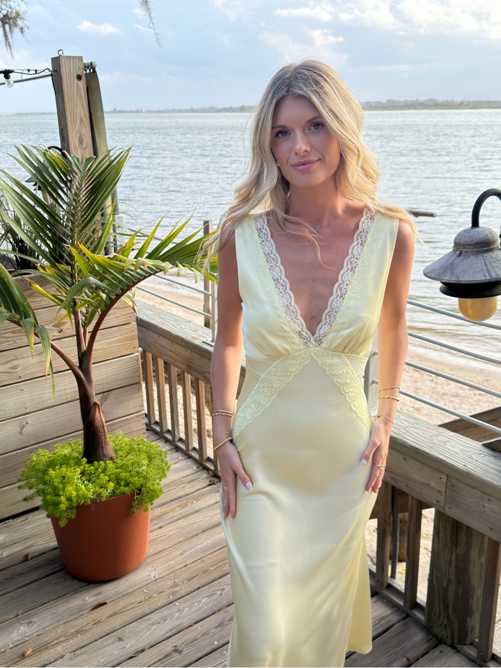 Pale Yellow Lace-Trim Satin Maxi Dress Like NEW!